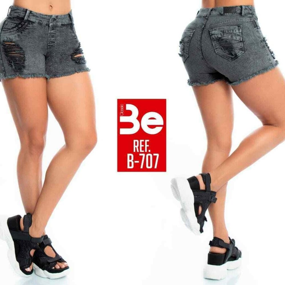 Colombian Gray Buttoned Destroyed Sexy Short Push Up